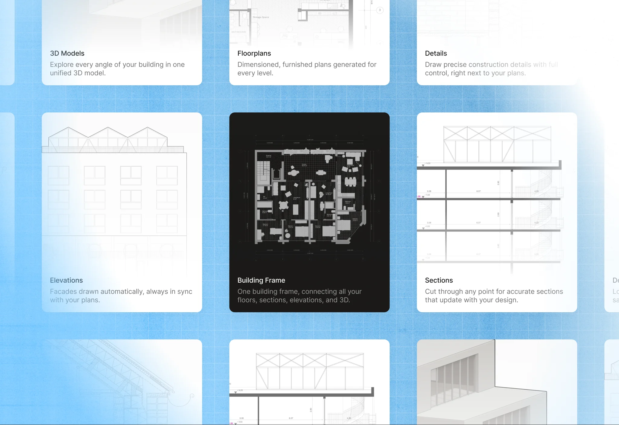 Connected 3D model, floor plans, details, elevations and sections derived from one building frame