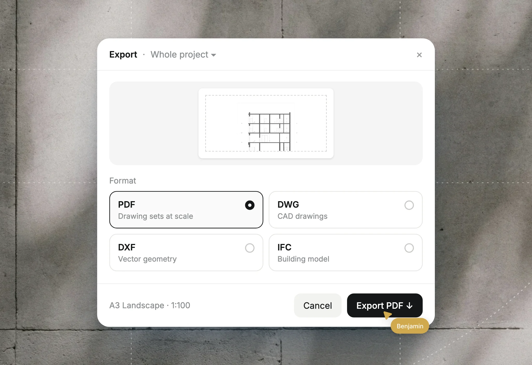 Synaps export dialog with a drawing preview, the PDF, DWG, DXF and IFC formats and the Export PDF button