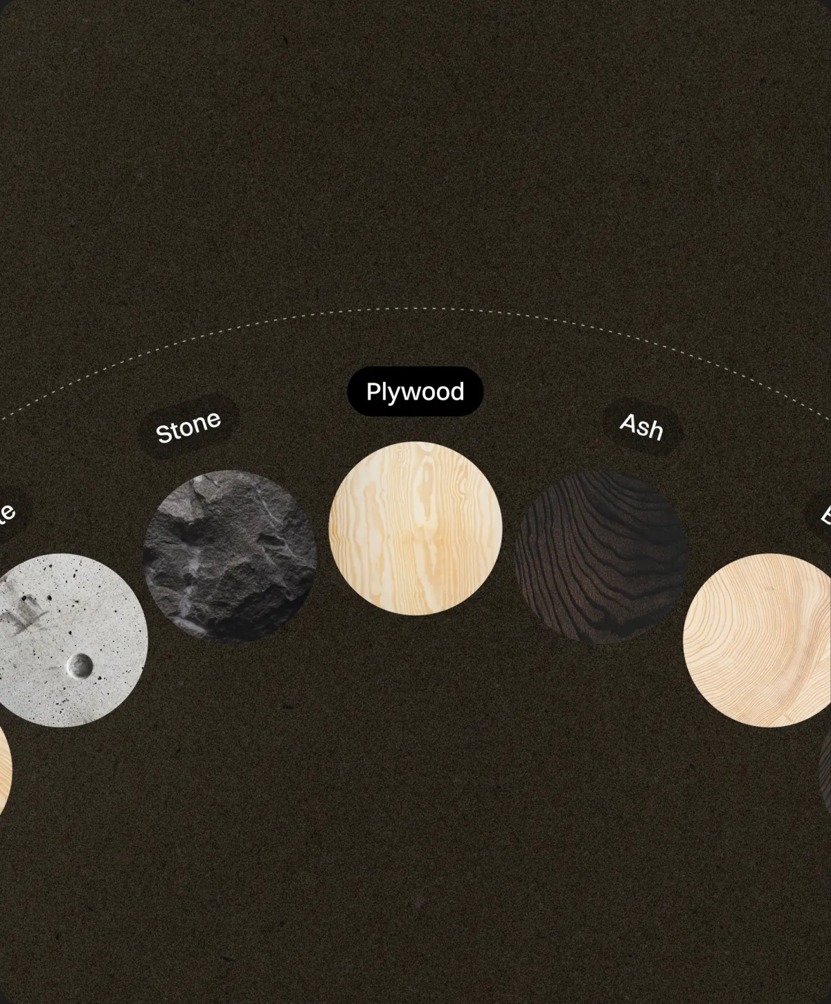 Material swatches for stone, plywood and ash arranged on a wheel