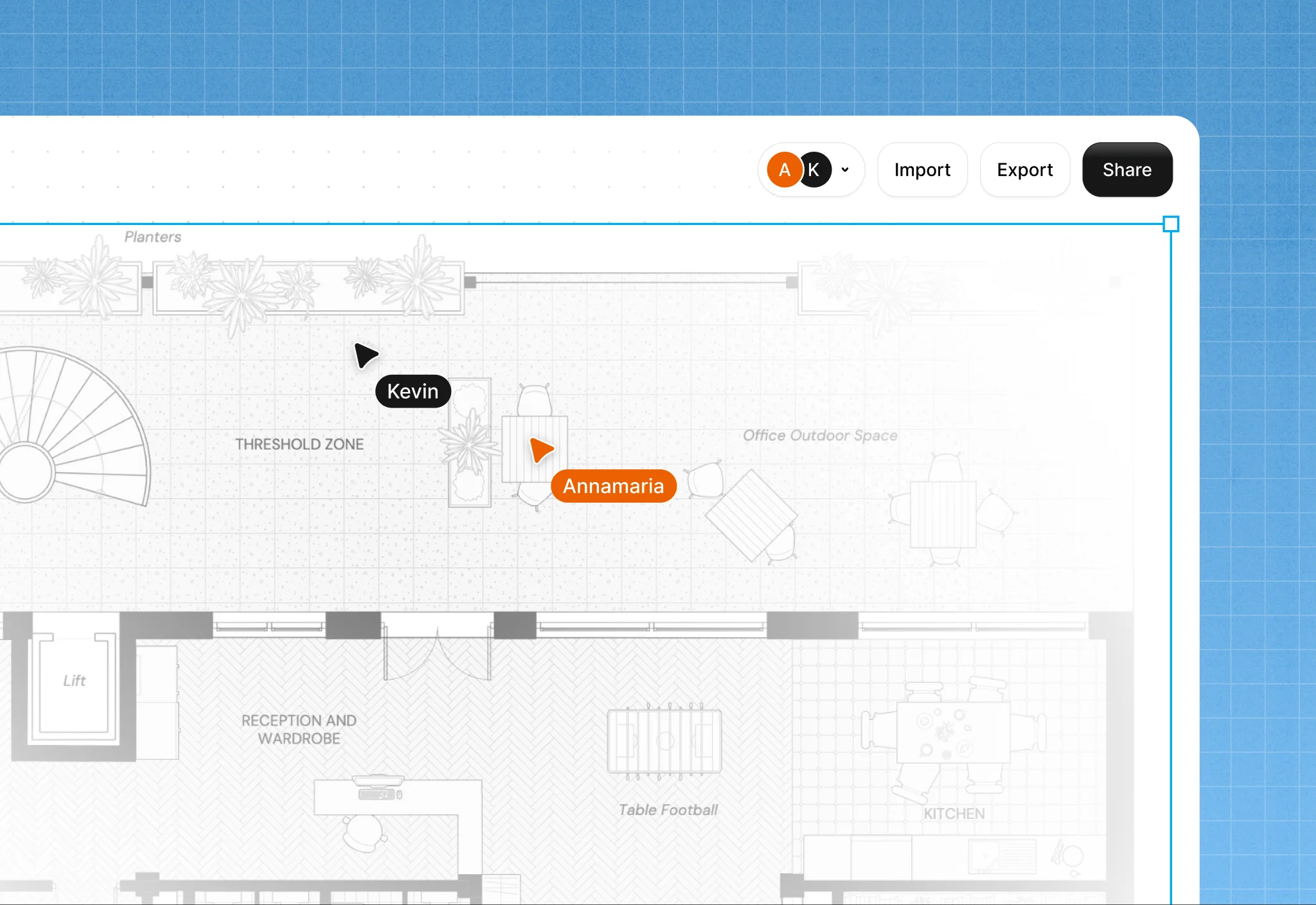 Two collaborators, Kevin and Annamaria, working on the same floor plan in the shared Synaps canvas